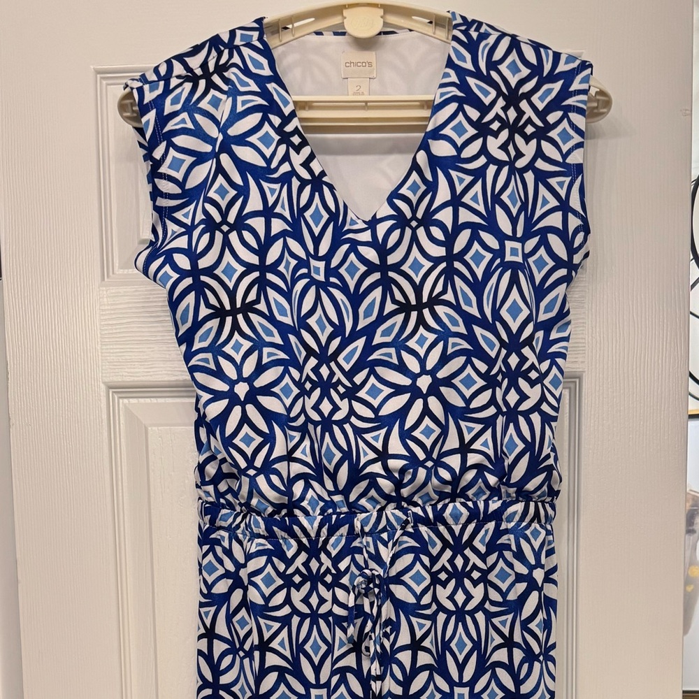 Chico's Blue and White Geometric Maxi Dress
